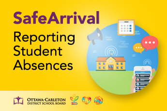 Test reading Safe Arrival - Reporting Student Absences and an image of a handheld device near a school